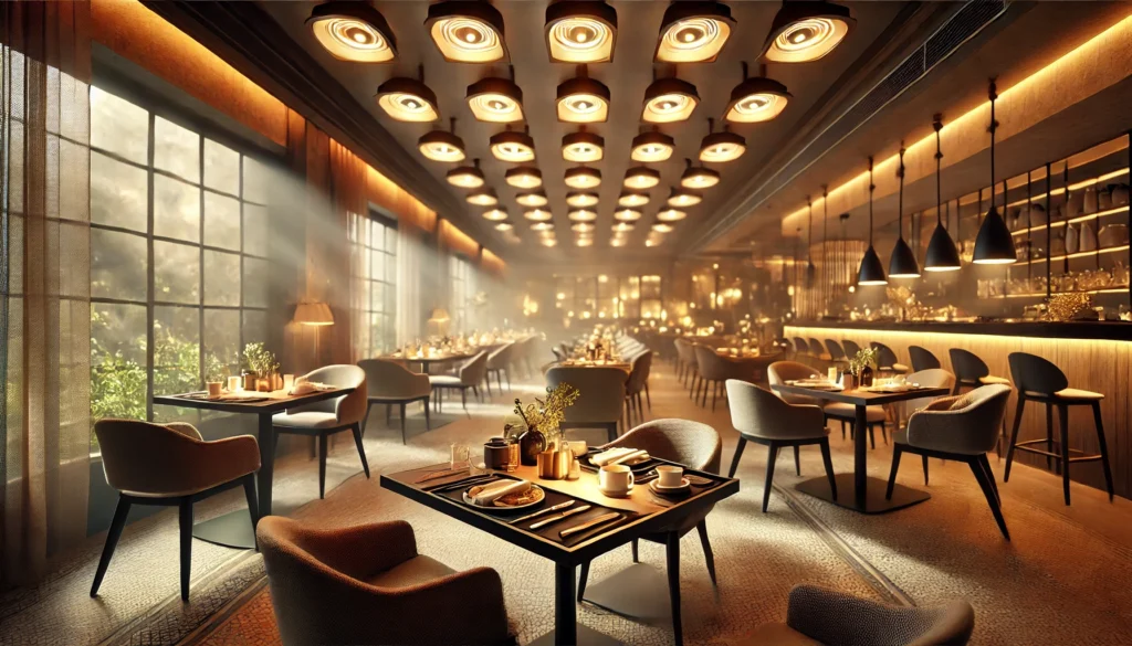 dall·e 2024 10 31 16.35.34 a restaurant interior with dimmable led lighting creating an intimate atmosphere. the lighting is adjusted for a cozy breakfast service, with warm ton