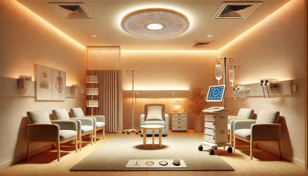 dall·e 2024 10 31 16.35.37 a hospital or clinic setting with soft, dimmable led lighting in patient areas. the lighting is gentle and warm, creating a calming and comfortable en