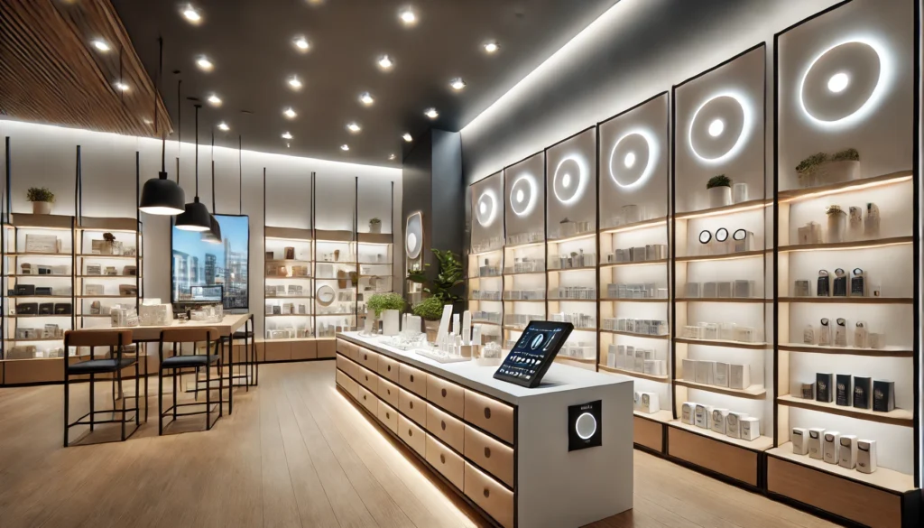 dall·e 2024 10 31 16.35.39 a retail store interior with modern dimmable led lighting highlighting different product sections. the lighting is adjusted to create an inviting and