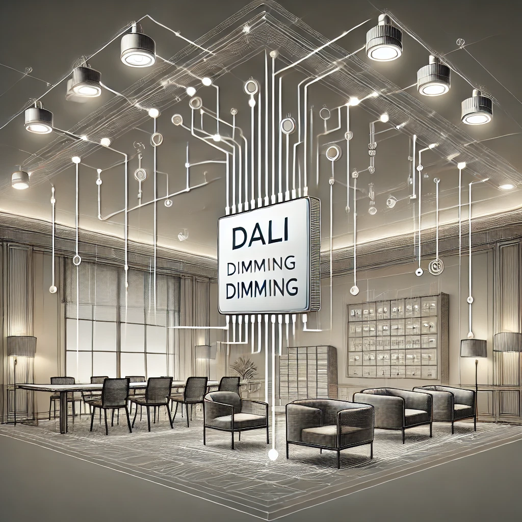 a modern, professional illustration of a dali dimming system for digital lighting control, featuring the words 'dali dimming' in a clear and stylish f