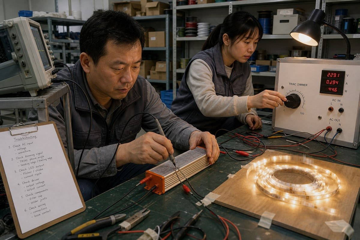 TRIAC Flicker Causes Diagram showing phase-cut waveform mismatch causing LED strip flicker with TRIAC drivers (ID#2)